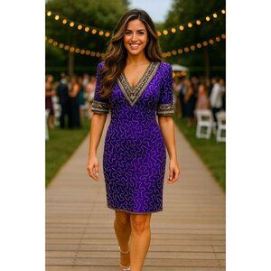 All Silk Vintage Dress by Lawrence Kazar Med Purple Beaded Cocktail Dress Glam